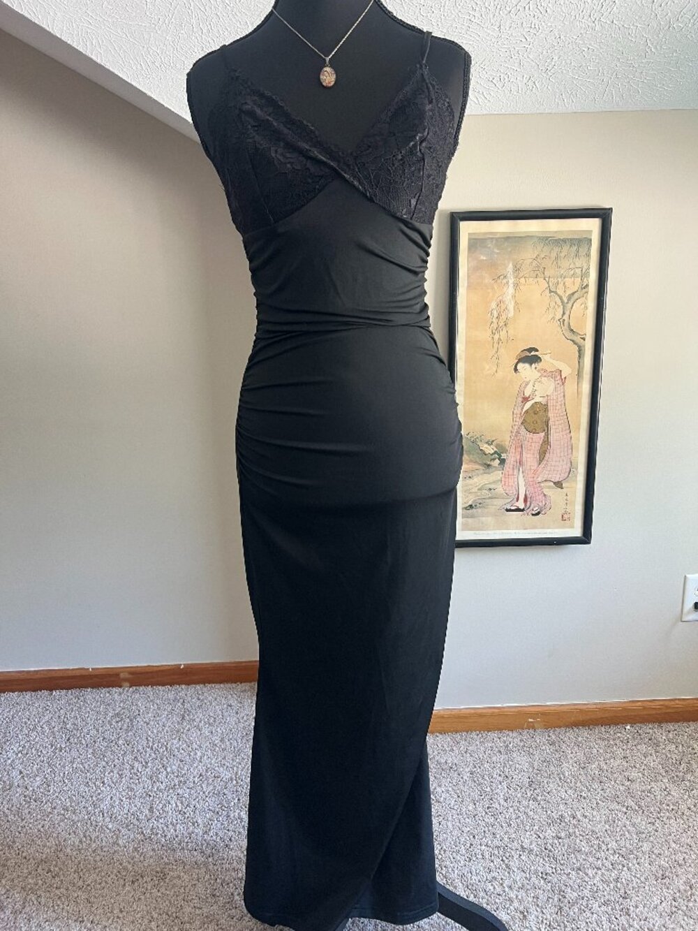 Bodycon Lace Maxi Slip Black XS Whimsygoth Hoco Ruched Black Tie Evening Gown